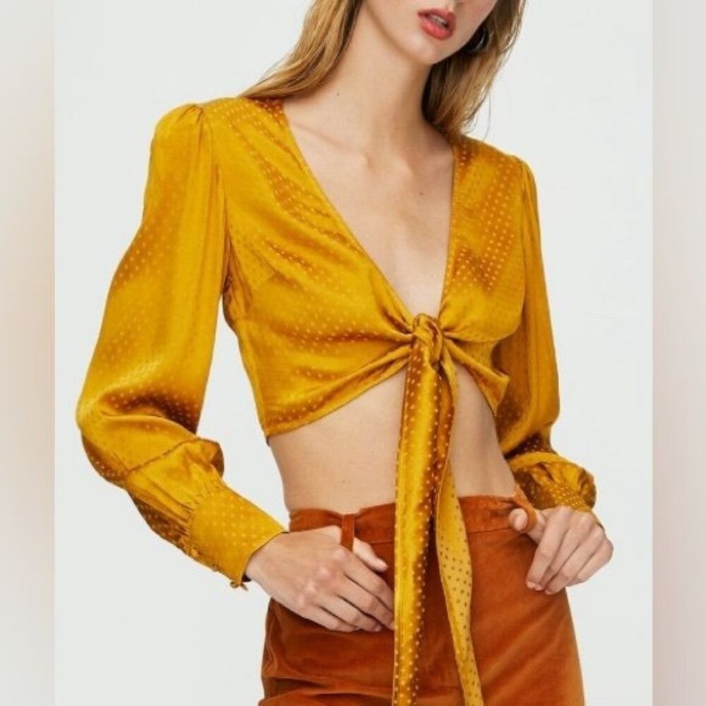 Aritzia Wilfred Vivi Blouse Wrap Around Sexy Jacquard Satin Dark Mustard size L